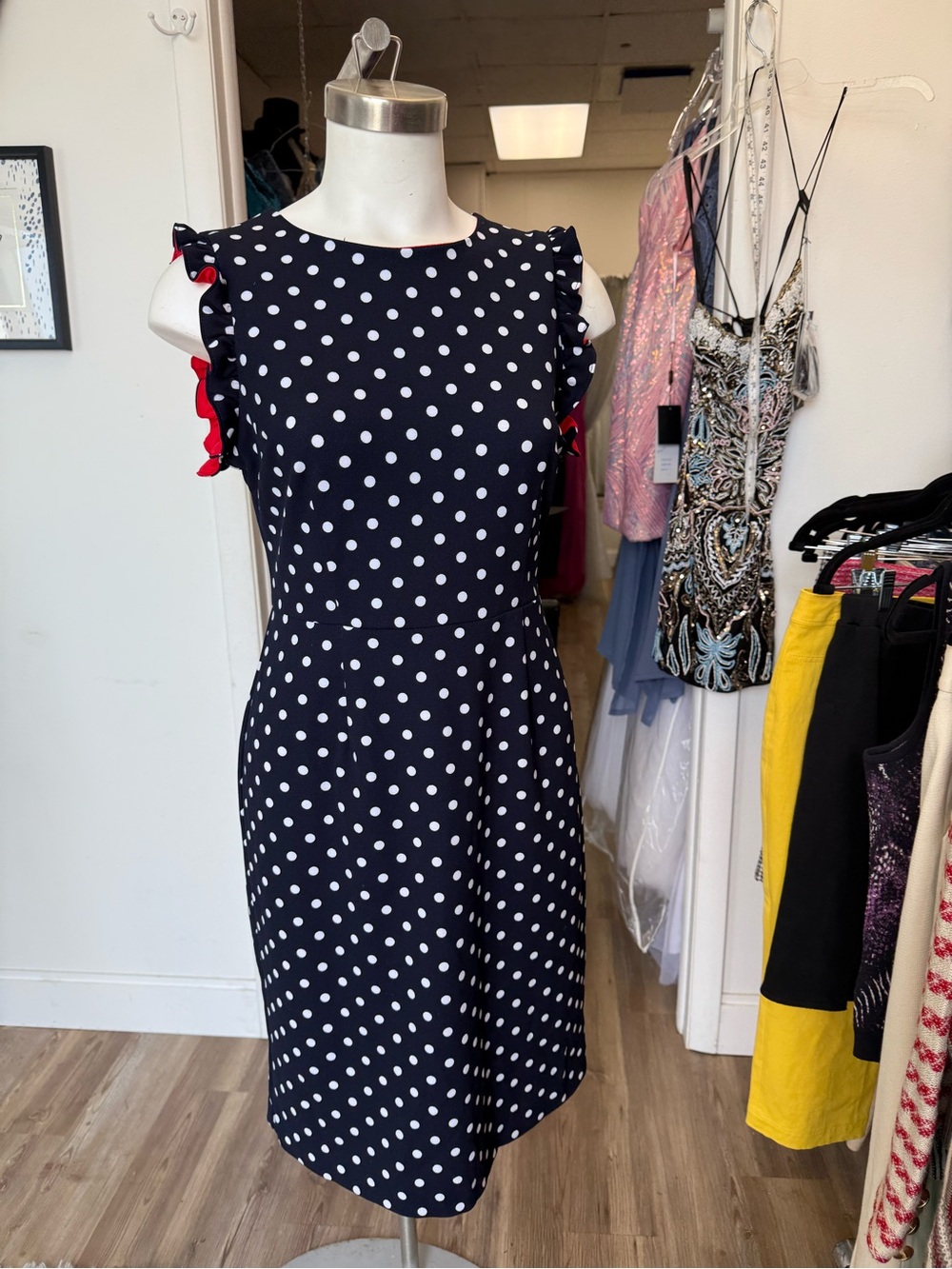 Shelby & Palmer Navy Polka Dot Sheath Dress with Red Ruffle Trim